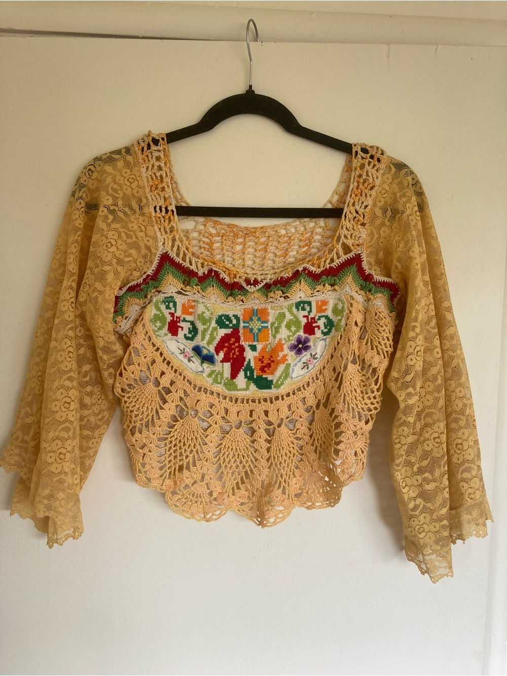 Vintage Mustard Yellow Embroidered Crochet Lace Blouse
